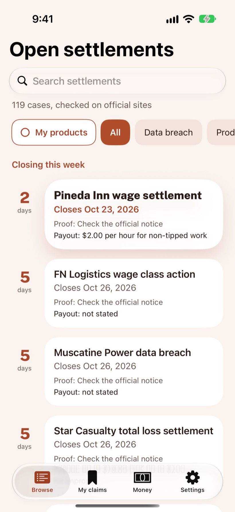 Courtpenny Browse screen listing settlements by deadline